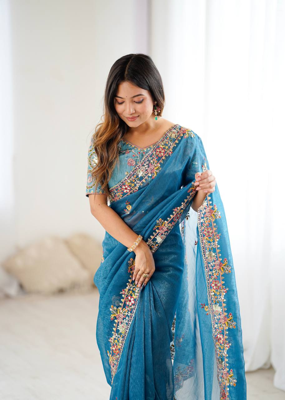 Sky Blue Color Thread Embroidered Silk Saree