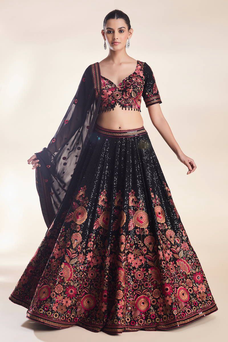 Black Color Faux Georgette Flared Lehenga Choli - Image 2