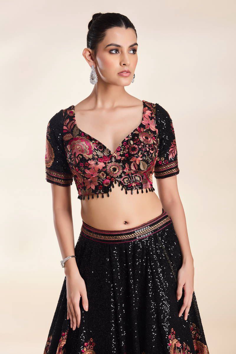 Black Color Faux Georgette Flared Lehenga Choli