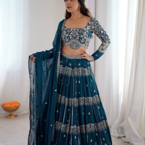 Teal Blue Embroidered Lehenga Choli Set with Dupatta