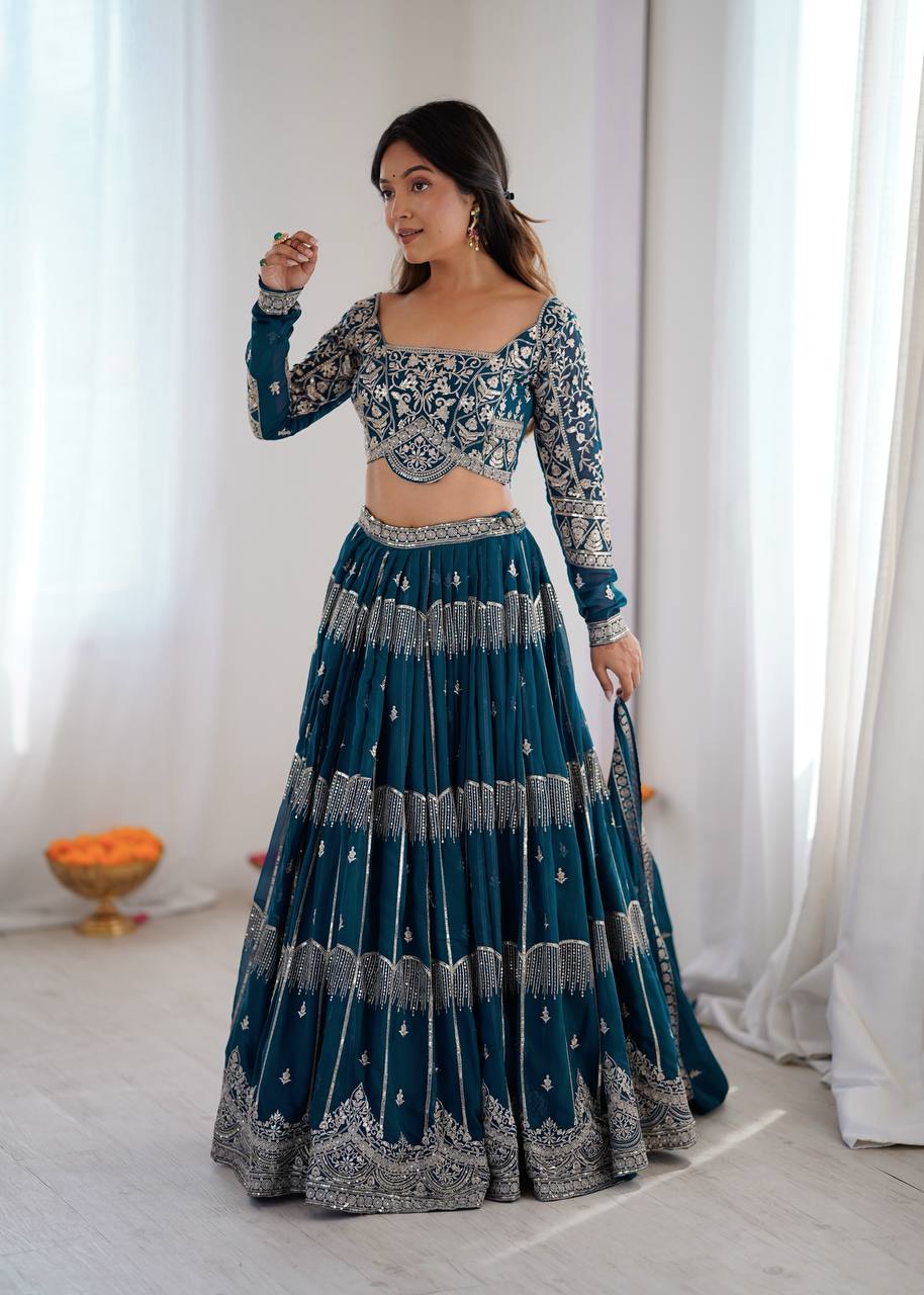 Teal Blue Embroidered Lehenga Choli Set with Dupatta - Image 4
