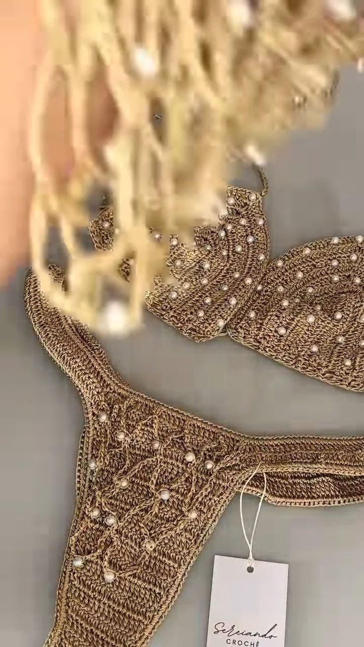 Gold Crochet Pearl Embellished Bikini Set - Image 2