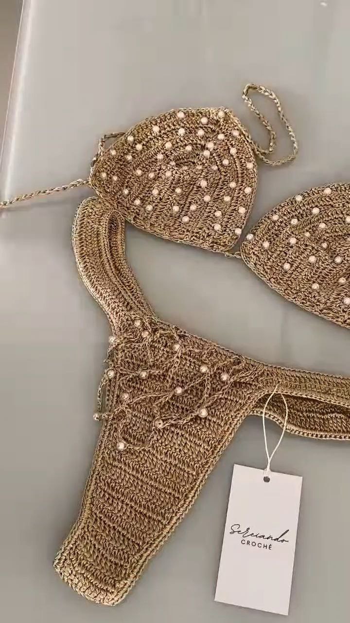 Gold Crochet Pearl Embellished Bikini Set