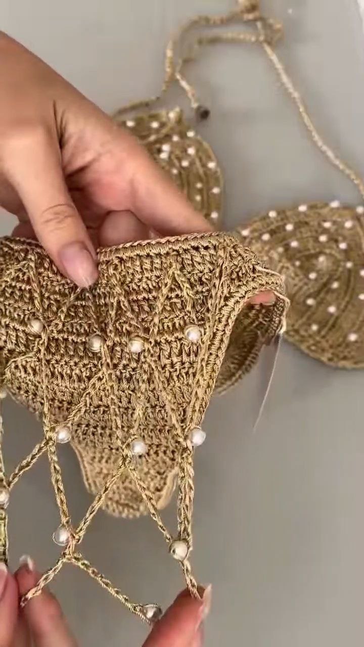 Gold Crochet Pearl Embellished Bikini Set - Image 4
