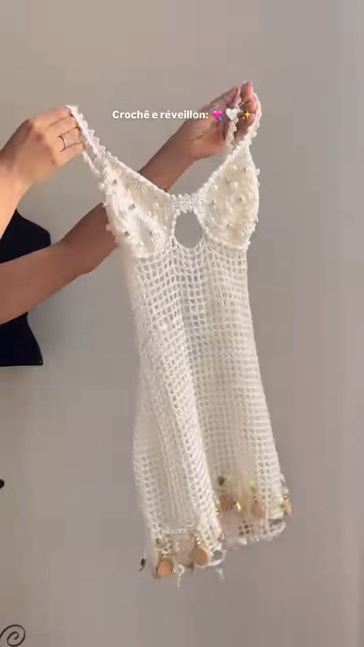 White Crochet Pearl Detail Mini Dress - Image 3