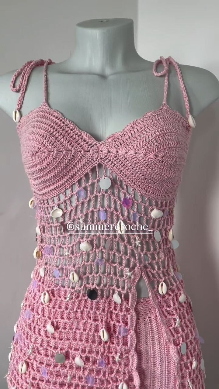 Pink Crochet Shell Embellished Mini Dress - Image 2