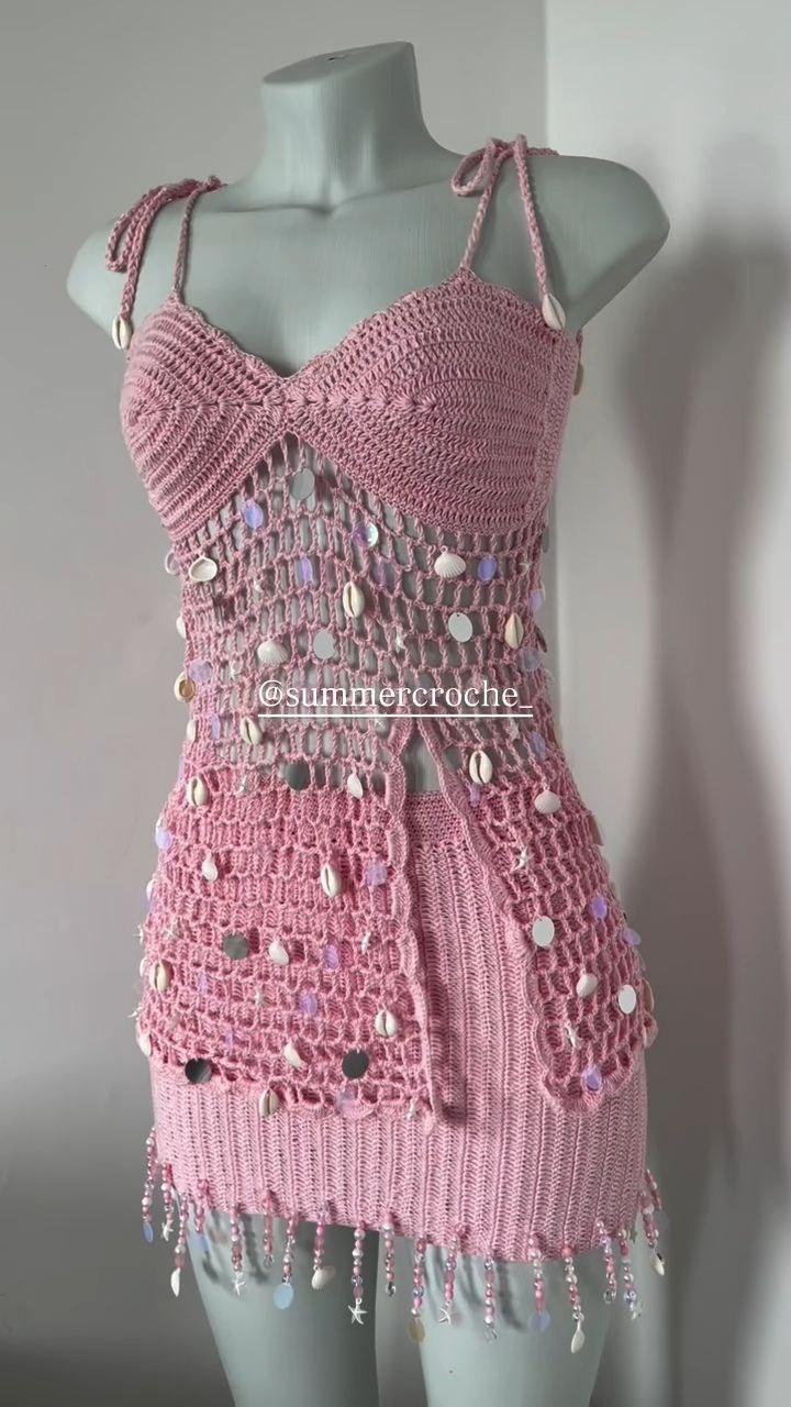 Pink Crochet Shell Embellished Mini Dress - Image 3