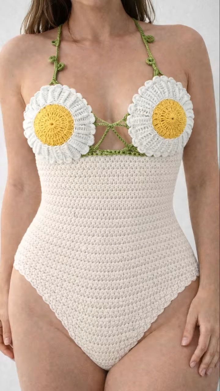White Crochet Tie-Up One-Piece Swimsuit - Image 2