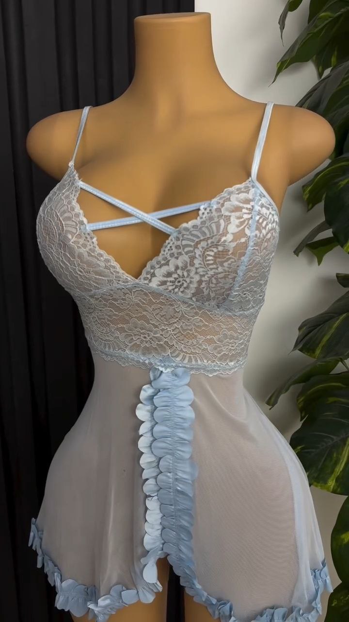 Powder Blue Lace Sheer Babydoll Nightdress - Image 4