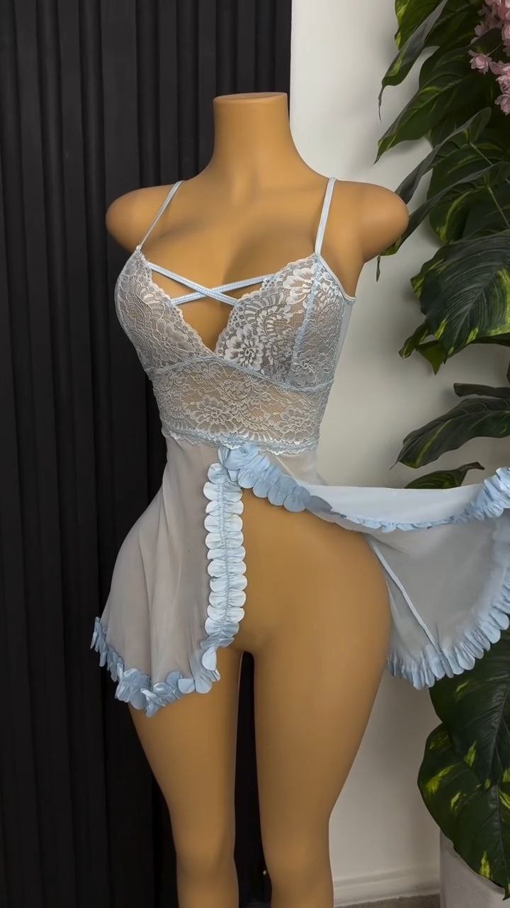 Powder Blue Lace Sheer Babydoll Nightdress - Image 2