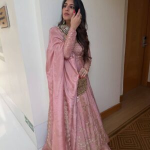 Dusty Rose Pink Heavy Silk Embroidered Anarkali Lehenga Set