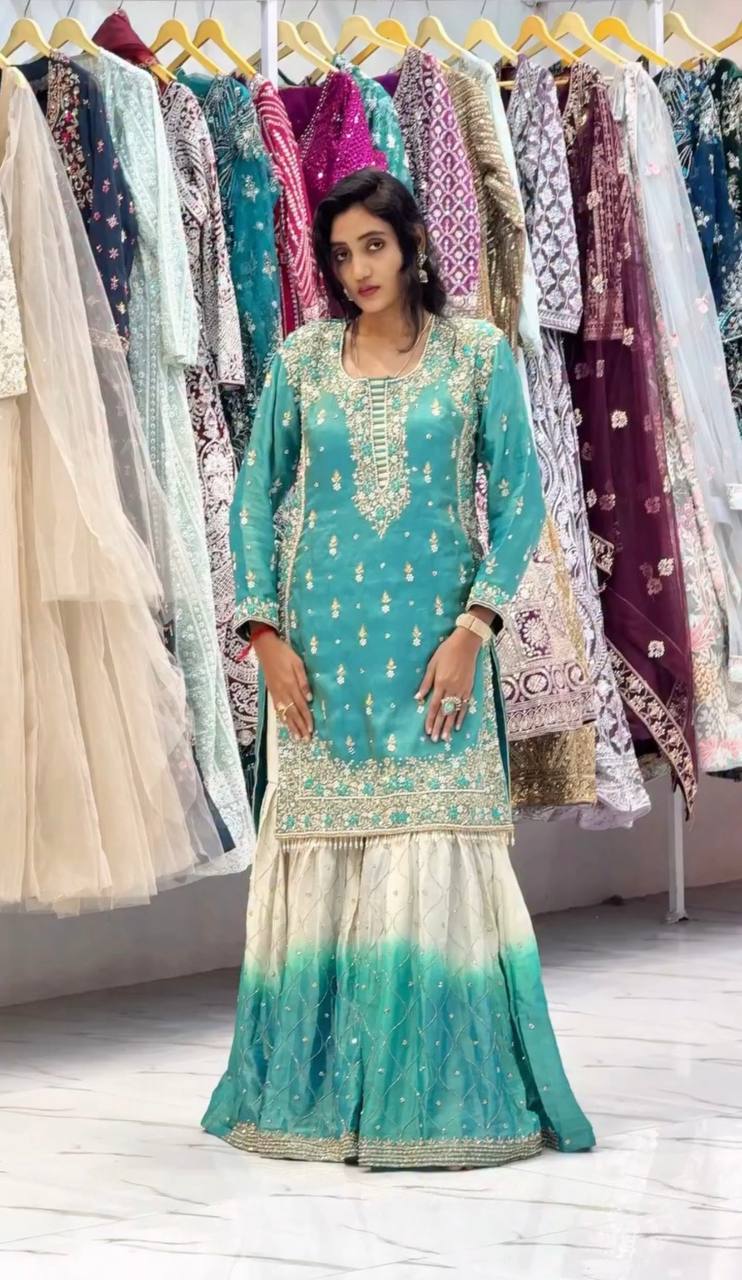 Teal Embroidered Kurta with Ombre Sharara and Dupatta Set - Image 3