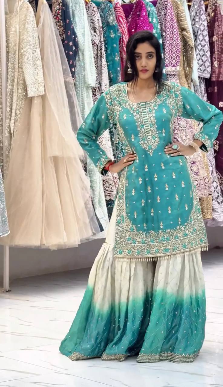 Teal Embroidered Kurta with Ombre Sharara and Dupatta Set - Image 4