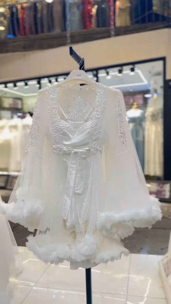 Ivory Lace-Trim Bridal Robe with Sheer Layered Sleeves
