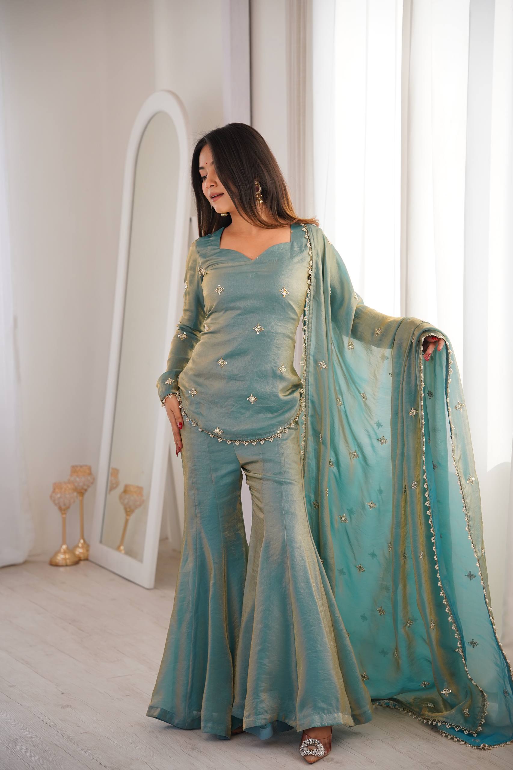 Elegant Teal Embroidered Kurta Set with Flared Pants and Dupatta - Image 3