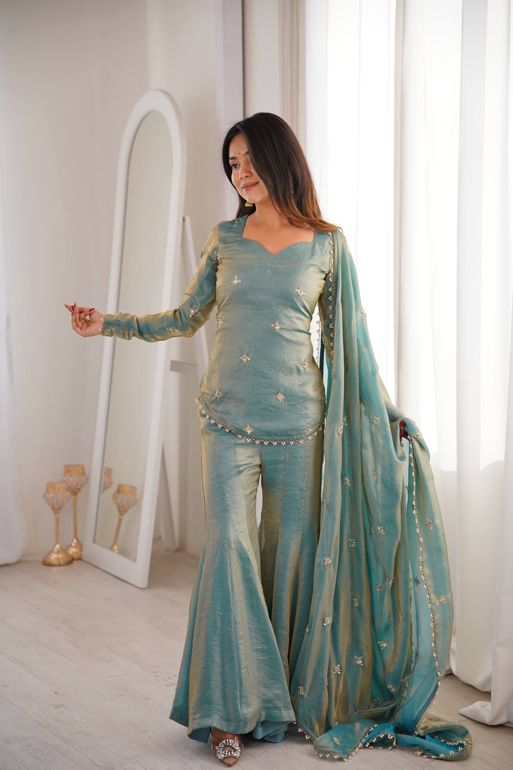 Elegant Teal Embroidered Kurta Set with Flared Pants and Dupatta - Image 4