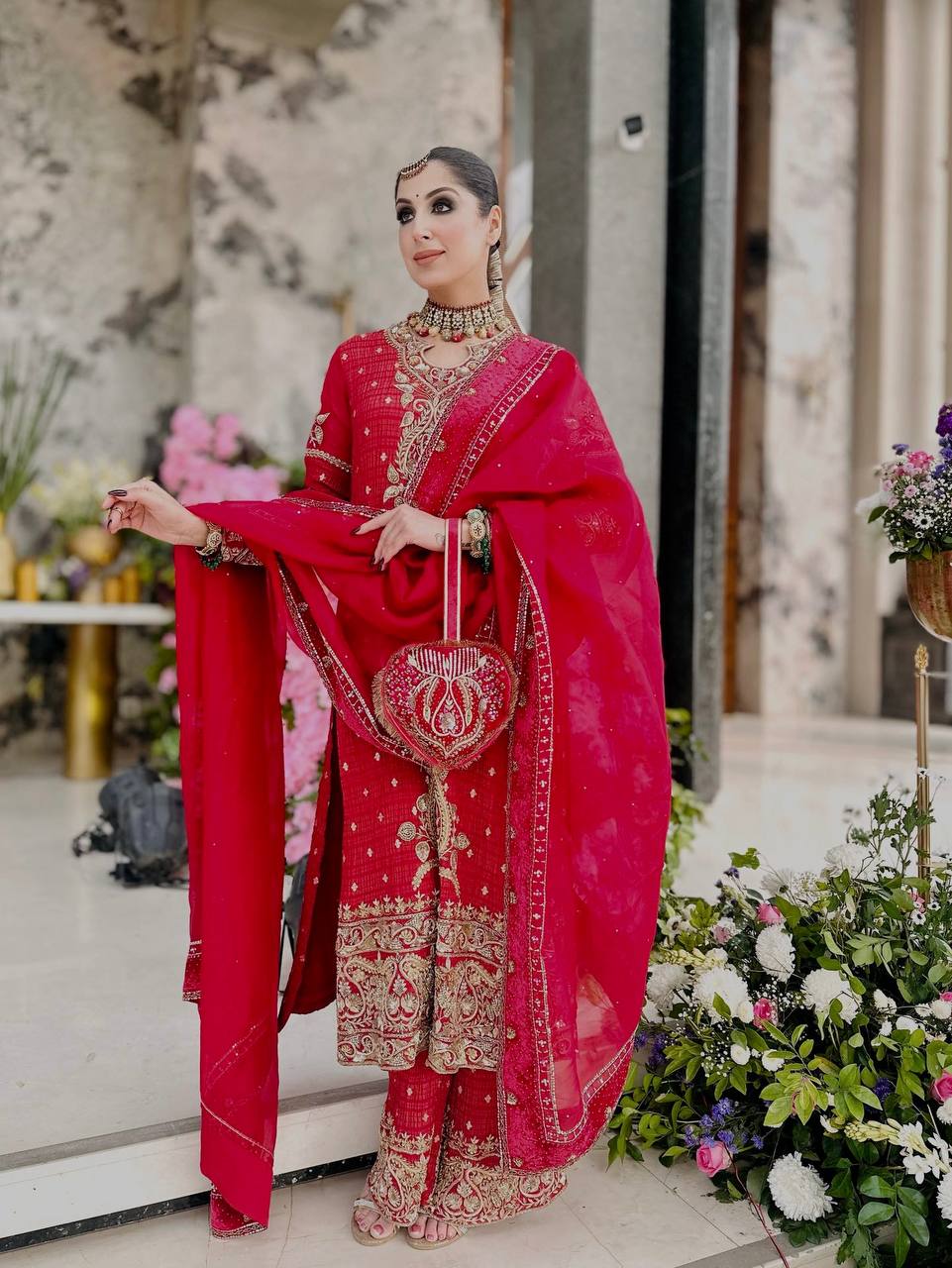 Red Embroidered Traditional Suit Set with Dupatta - Image 2