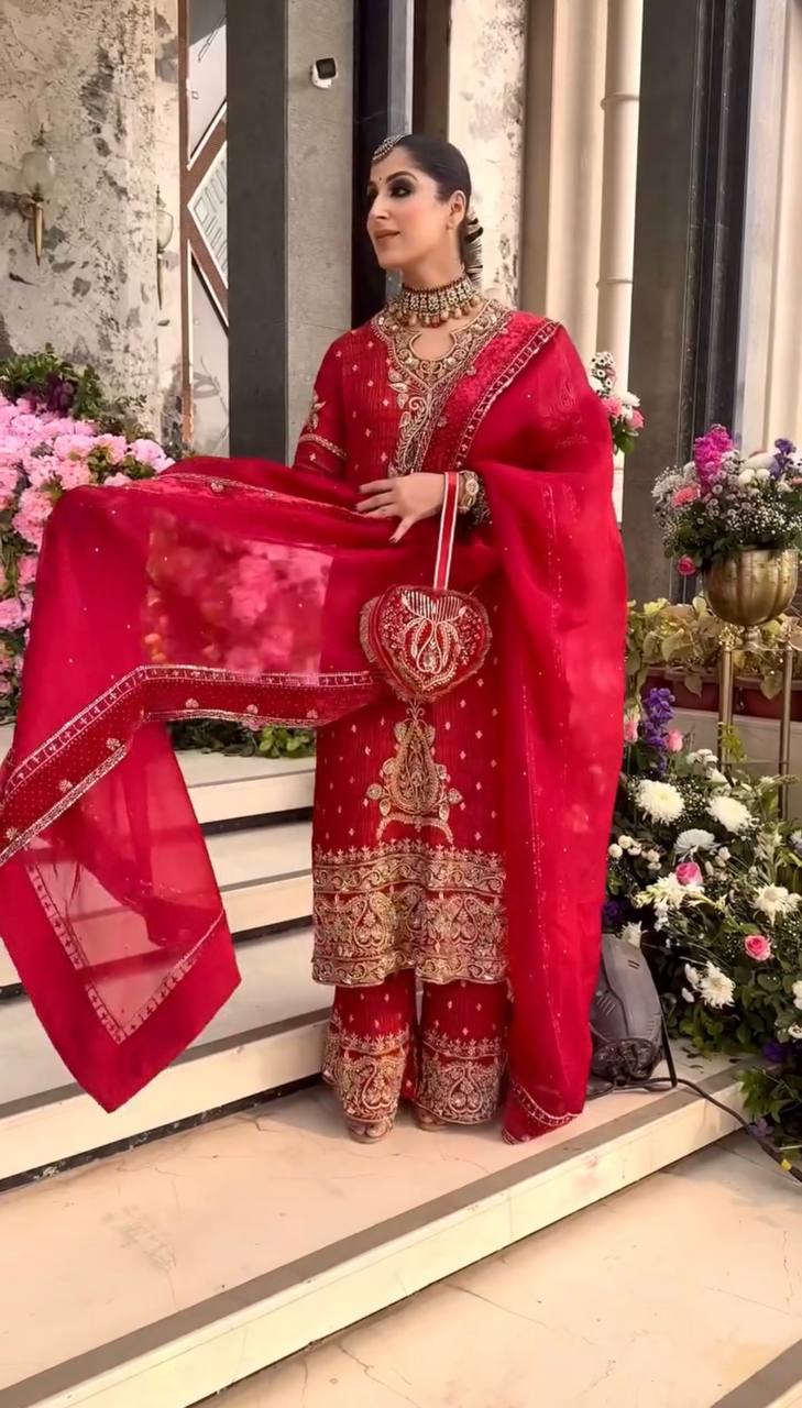 Red Embroidered Traditional Suit Set with Dupatta - Image 3