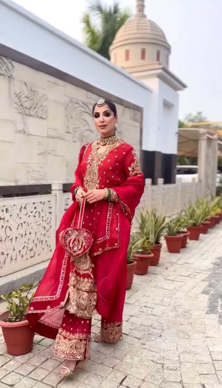 Red Embroidered Traditional Suit Set with Dupatta - Image 5