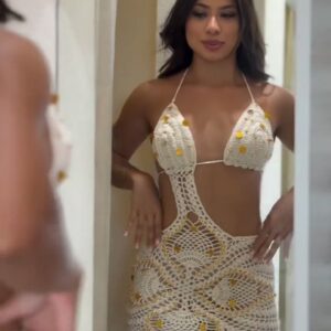 Ivory Crochet Cut-Out Beach Mini Dress with Floral Accents