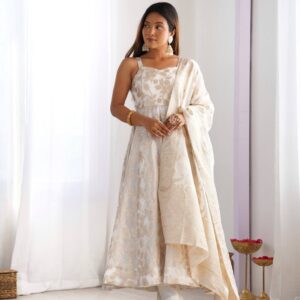 Off-White Banarasi Jacquard Dola Silk Fully Flared Anarkali Suit Set