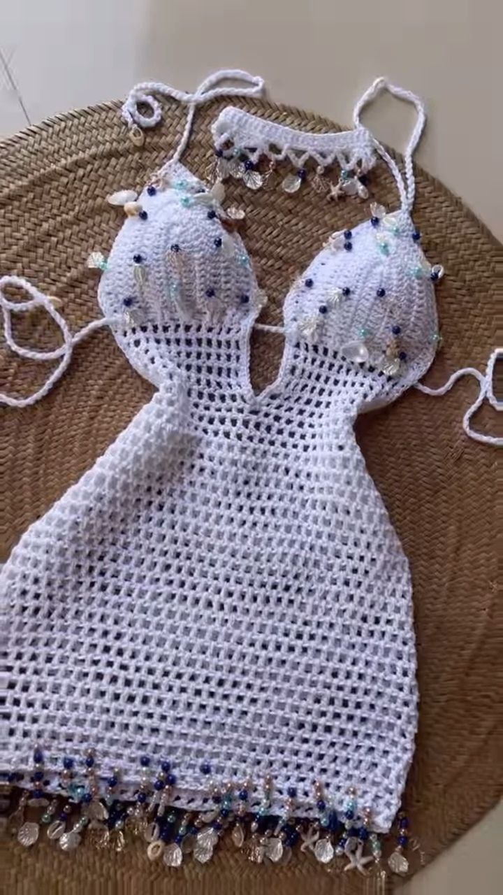 White Crochet Beaded Halter Mini Dress - Image 2