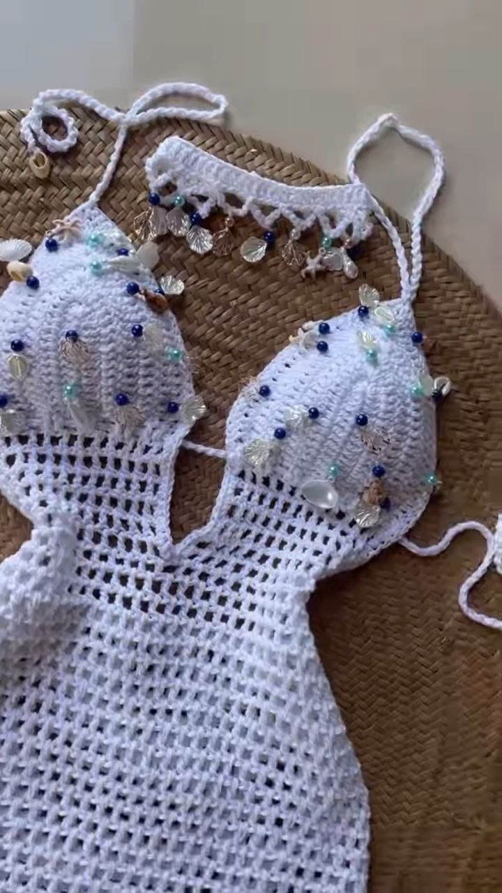 White Crochet Beaded Halter Mini Dress - Image 3