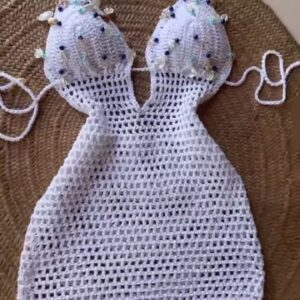 White Crochet Beaded Halter Mini Dress