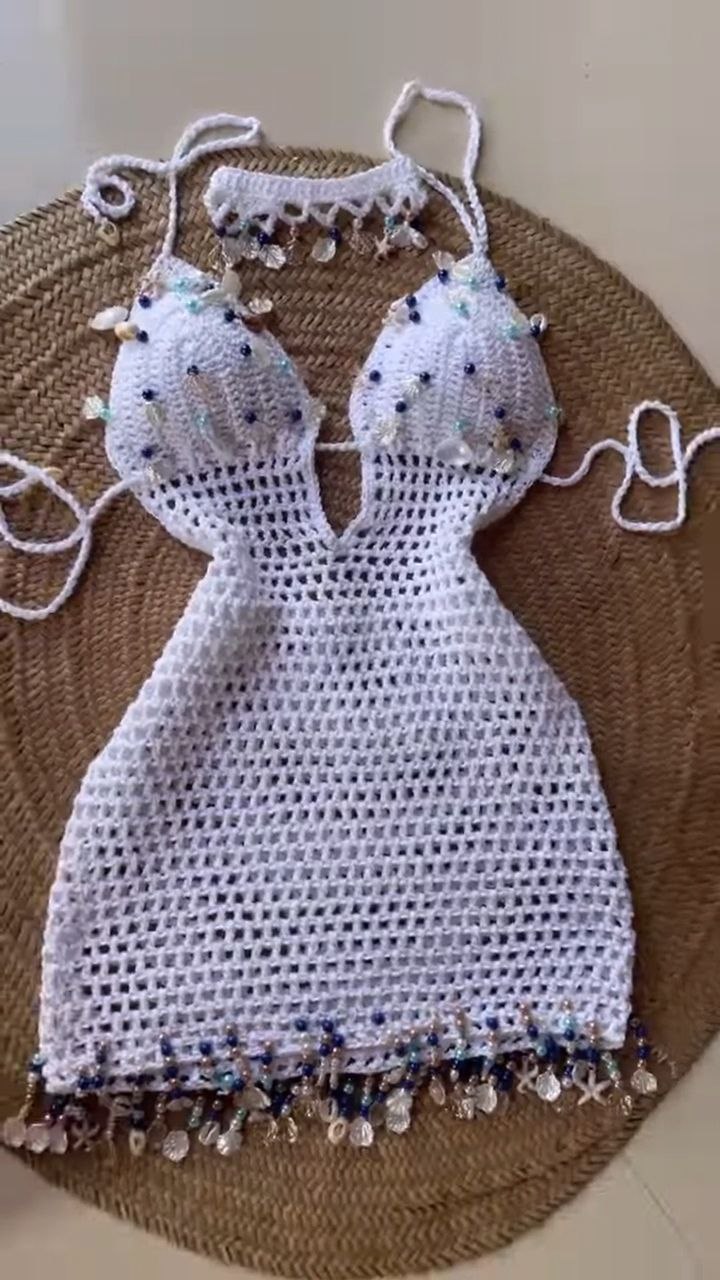 White Crochet Beaded Halter Mini Dress