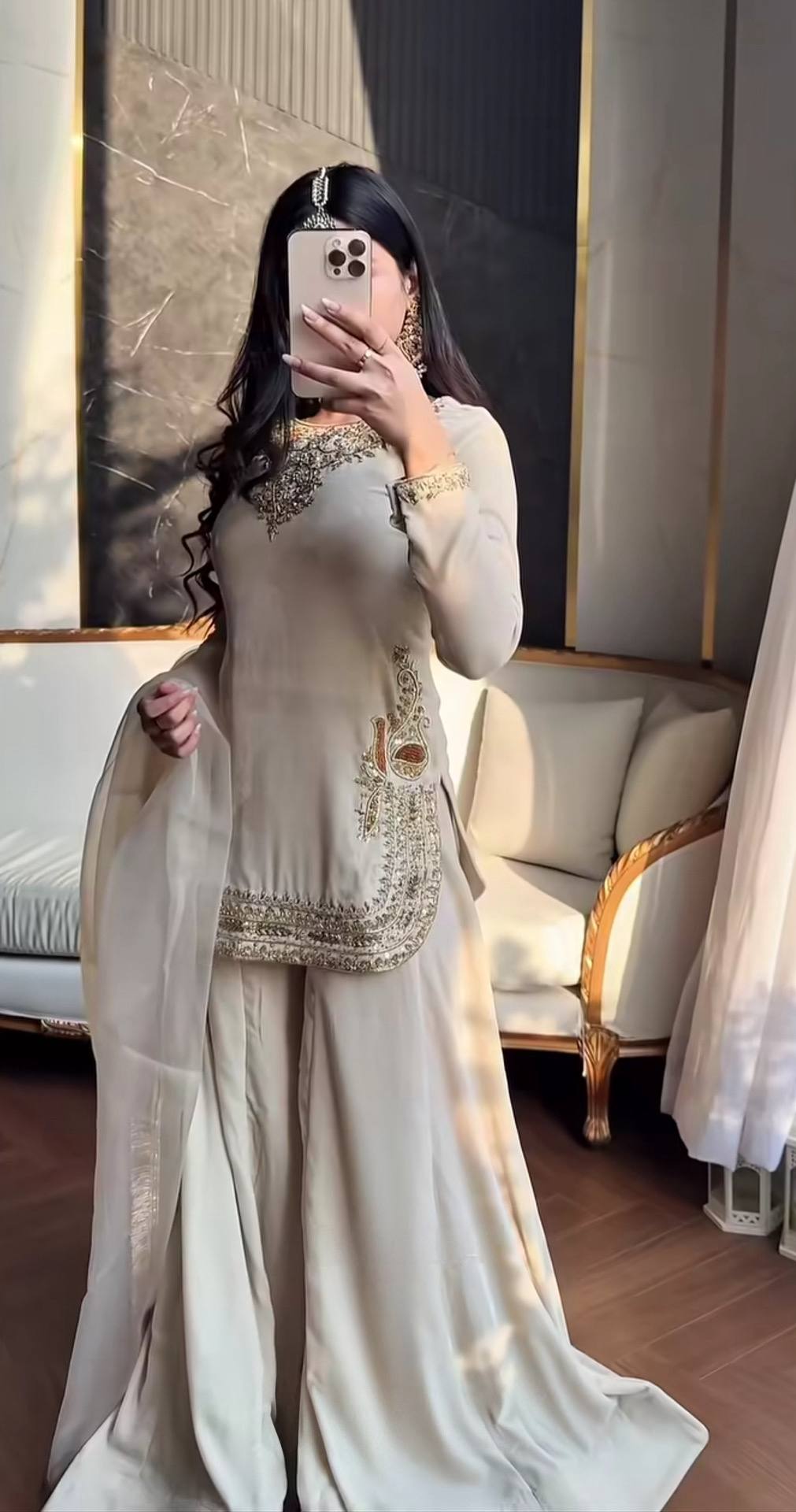 Off-White Korean Satin Silk Sharara Suit with Heavy Beadwork - Image 3