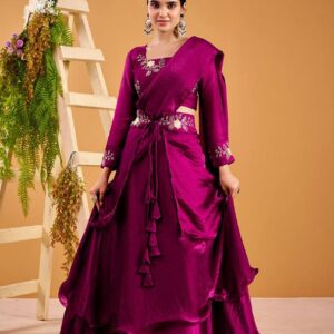 Magenta Layered Lehenga Set with Embroidered Blouse