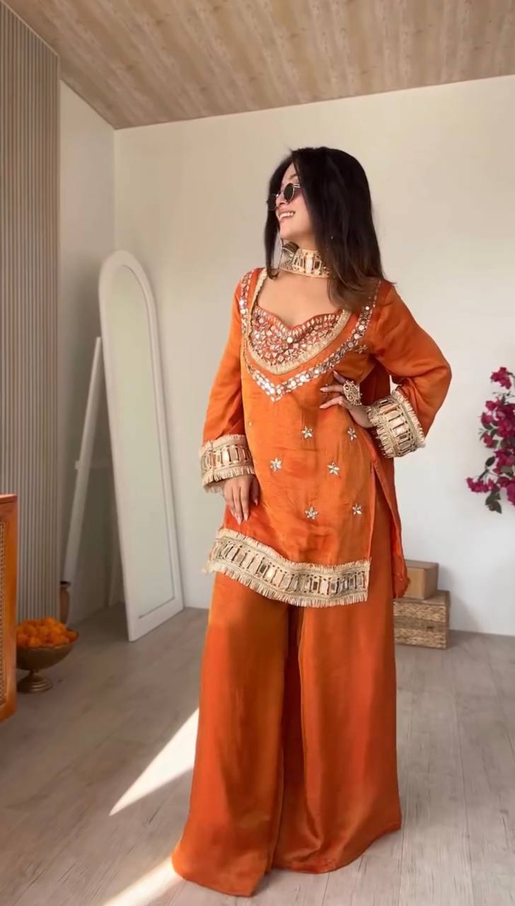 Rust Orange Embroidered Kurta Palazzo Set with Mirror Work - Image 3