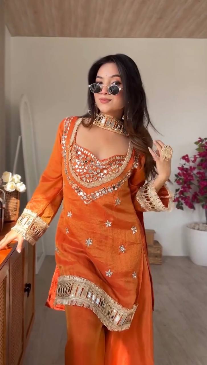 Rust Orange Embroidered Kurta Palazzo Set with Mirror Work - Image 4