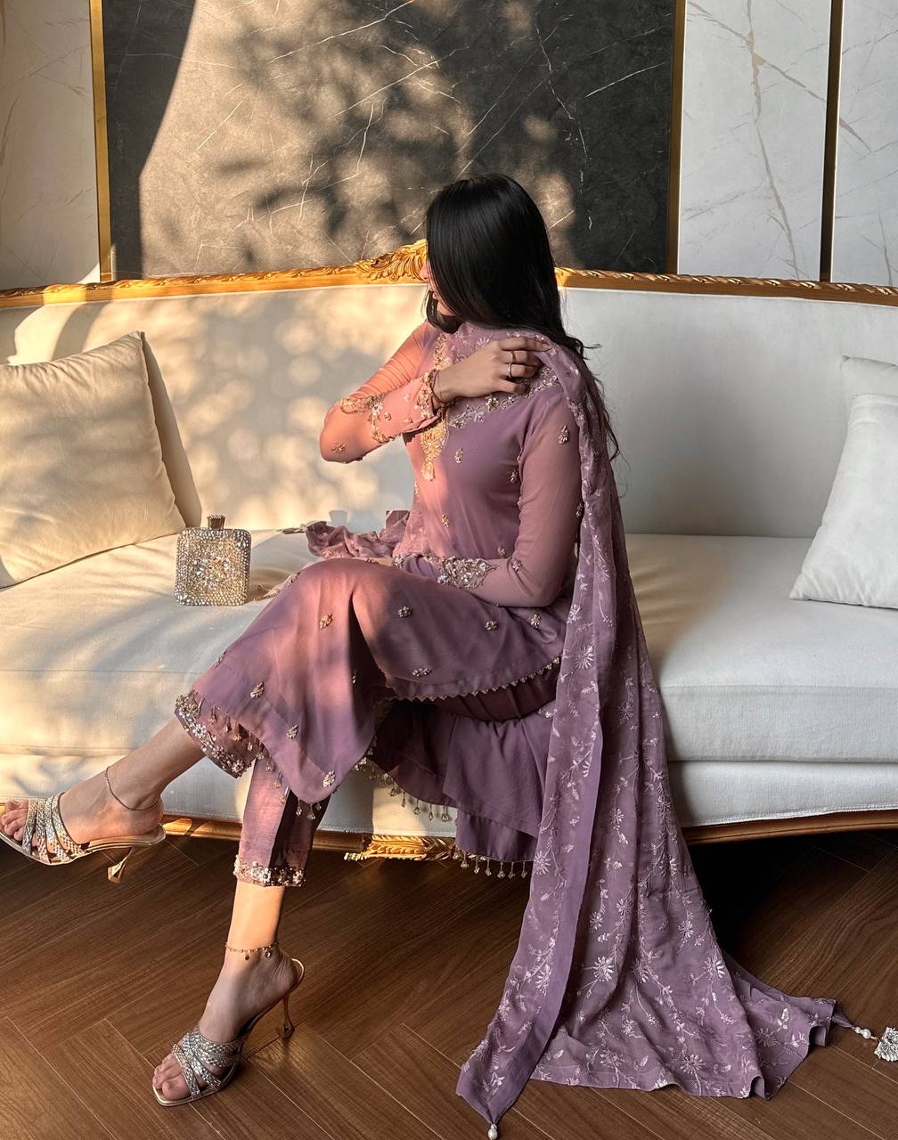 Heavy Faux Georgette Embroidered Kurta Pant Set with Dupatta - Image 2