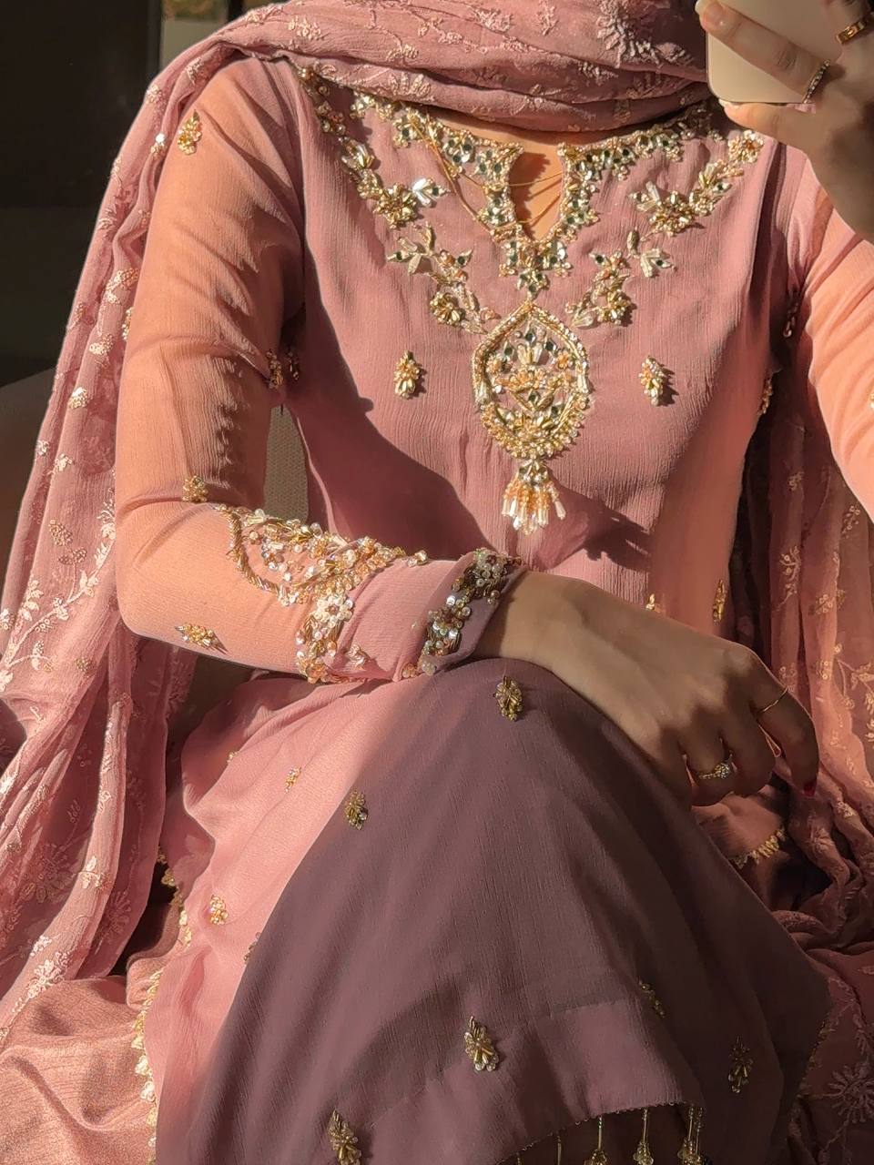 Heavy Faux Georgette Embroidered Kurta Pant Set with Dupatta - Image 3
