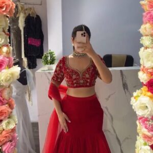 Crimson Red Faux Georgette Mermaid Style Lehenga Choli Set
