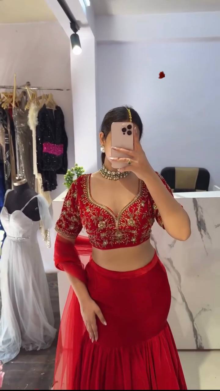 Crimson Red Faux Georgette Mermaid Style Lehenga Choli Set - Image 3