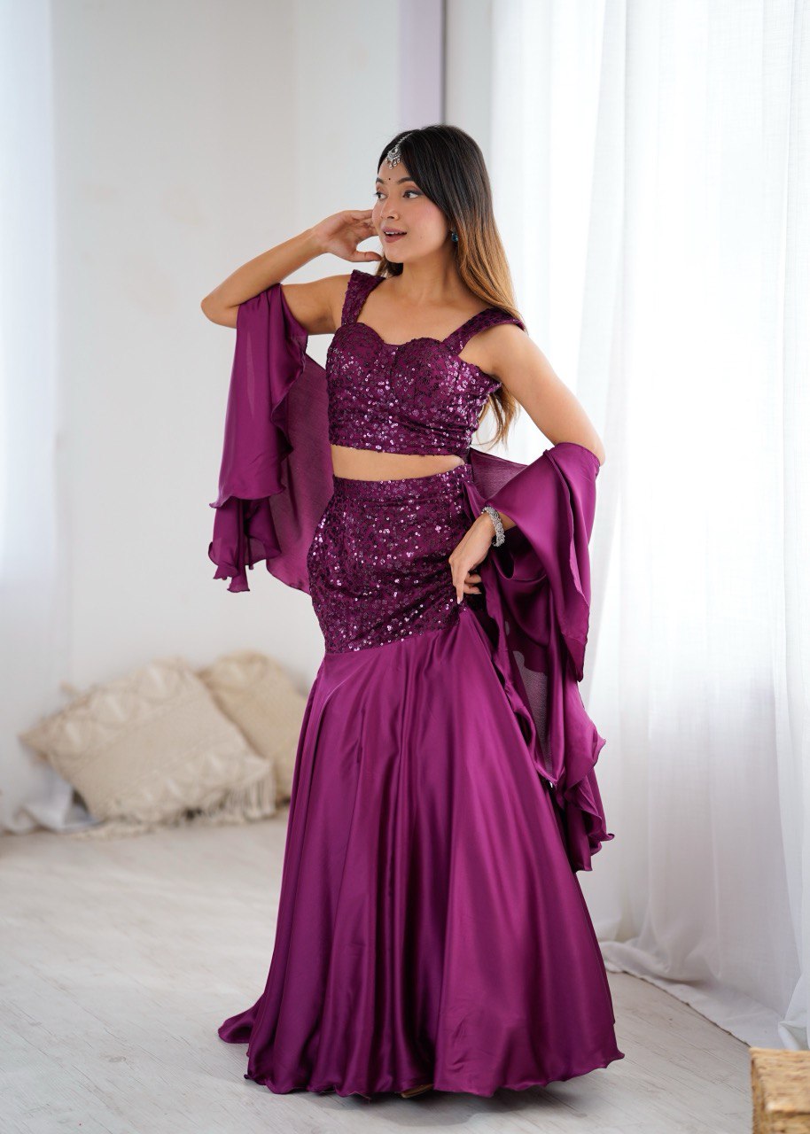 Wine Sequin Embroidered Lehenga Set with Flared Skirt and Dupatta - Image 3