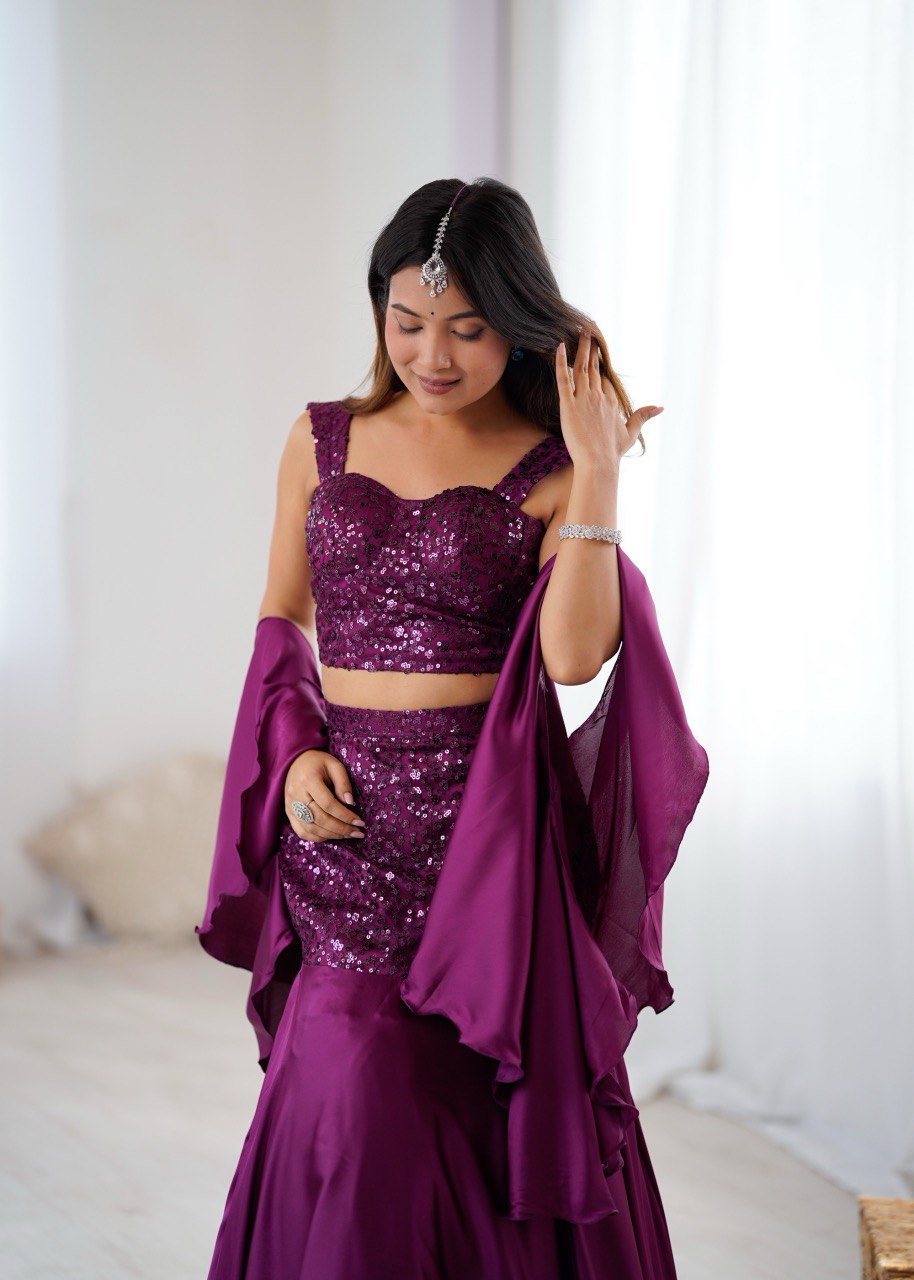 Wine Sequin Embroidered Lehenga Set with Flared Skirt and Dupatta - Image 4