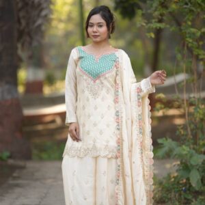 Ivory Embroidered Kurta Sharara Set with Pastel Dupatta