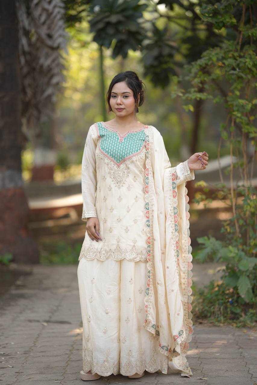 Ivory Embroidered Kurta Sharara Set with Pastel Dupatta