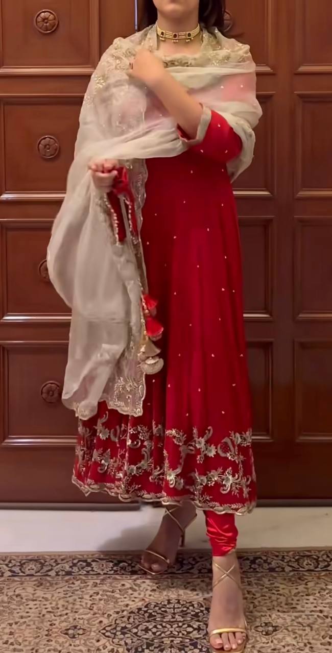 Red Embroidered Anarkali Suit with Organza Dupatta - Image 2