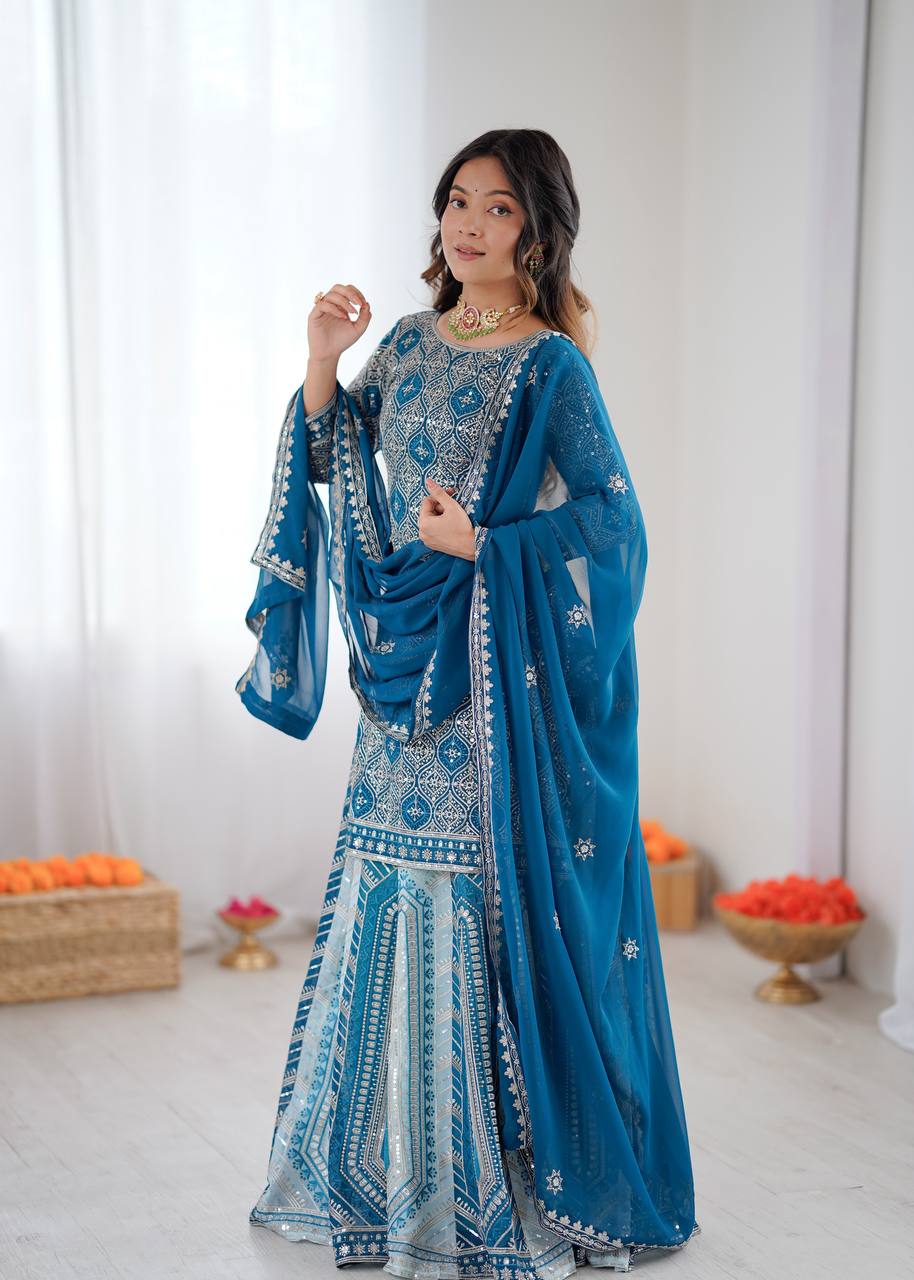 Teal Blue Embroidered Lehenga Set with Dupatta - Image 3