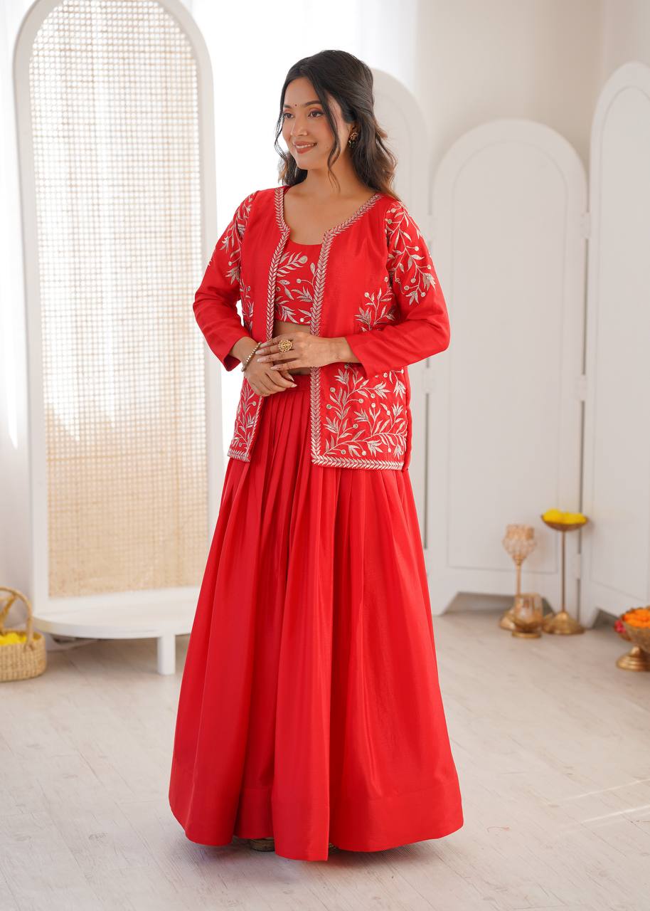 Red Embroidered Lehenga Set with Designer Jacket - Image 2
