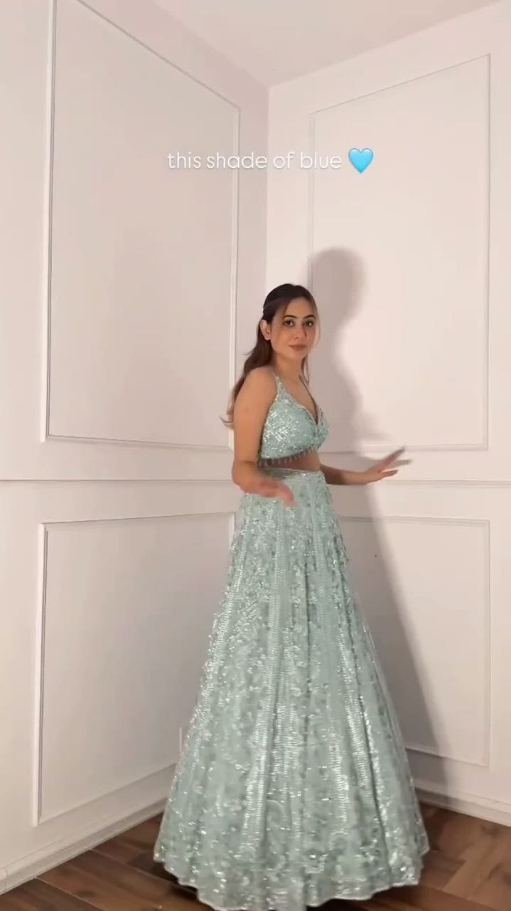 Sky Blue Sequins and Resham Embroidered Net Lehenga Choli Set - Image 2