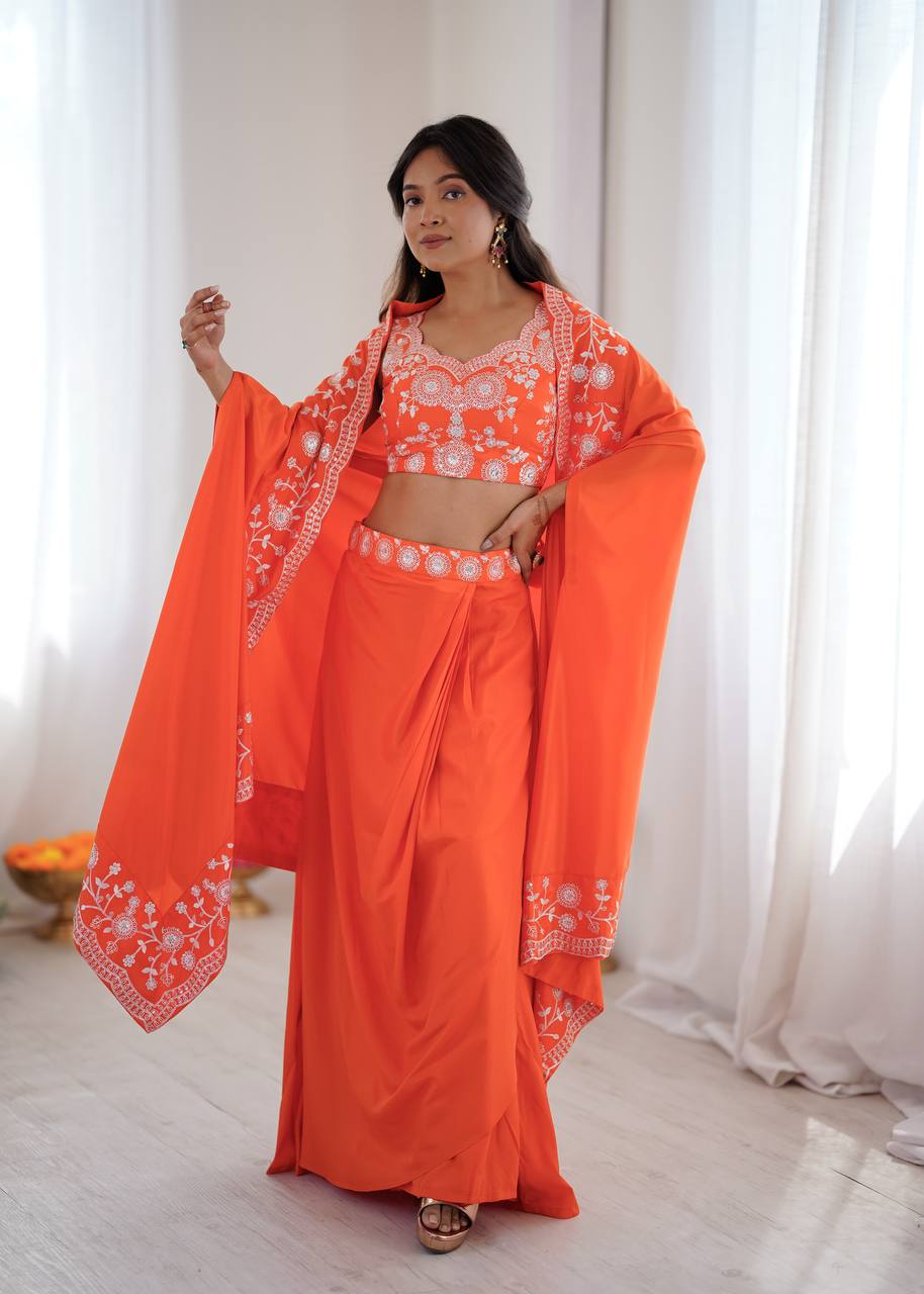 Vibrant Orange Embroidered Drape Skirt Set with Dupatta - Image 2