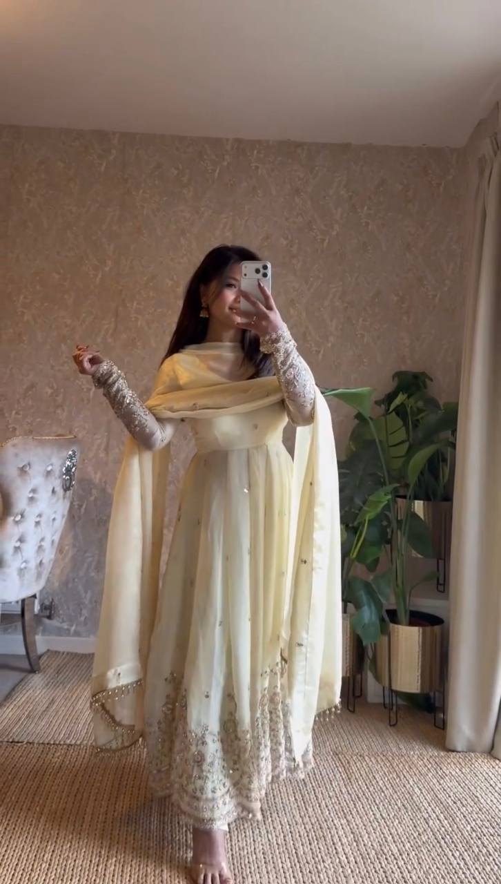 Butter Yellow Embroidered Anarkali Set with Dupatta - Image 3