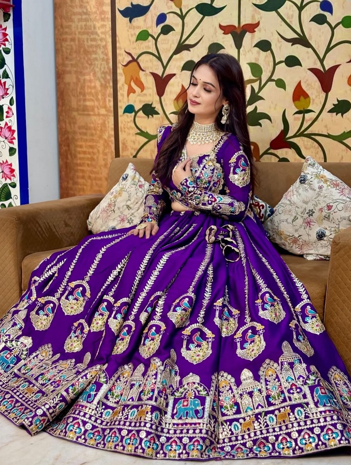 Royal Purple Embroidered Designer Lehenga Gown - Image 3