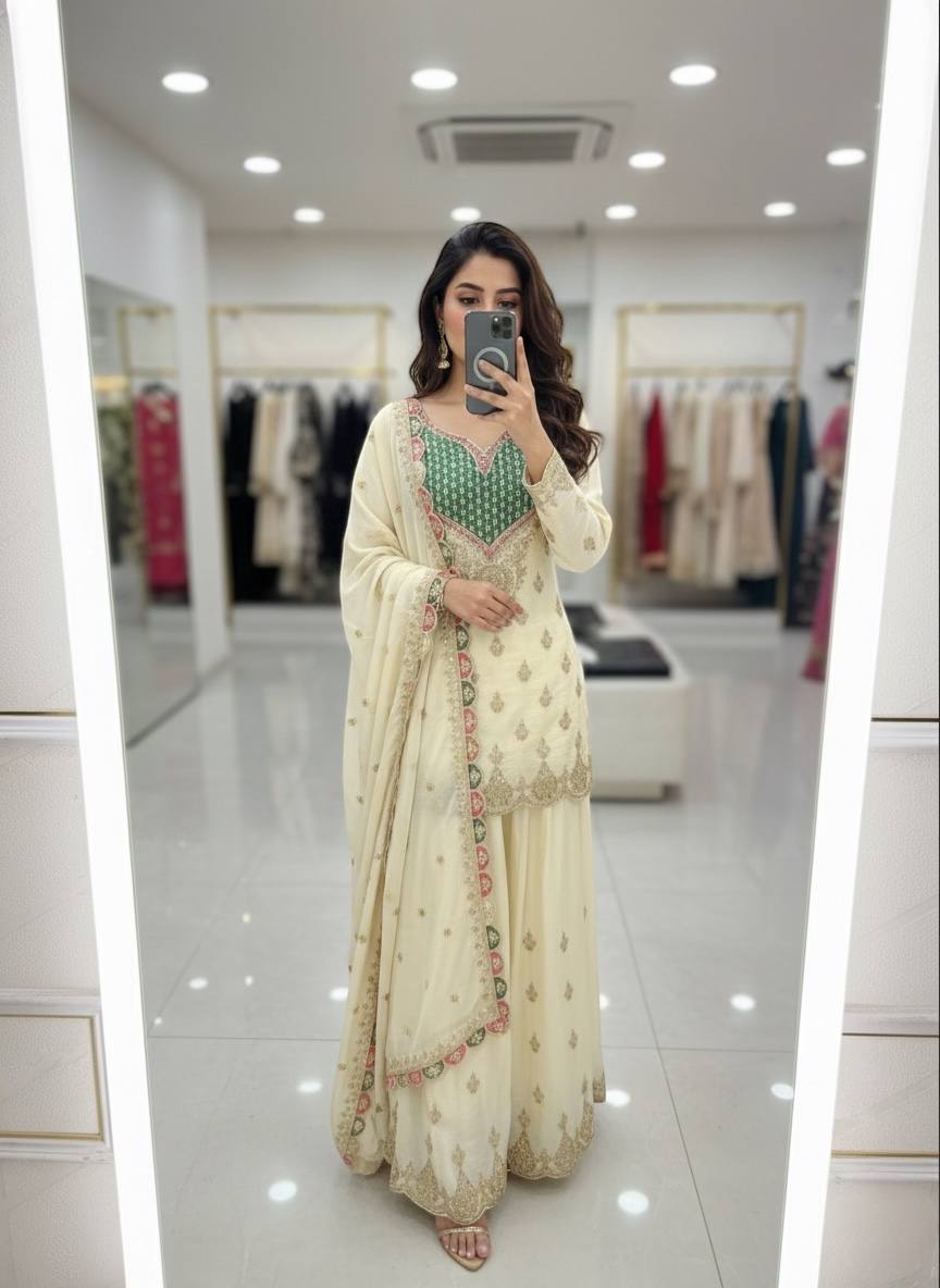 Ivory Embroidered Kurta Sharara Set with Pastel Dupatta - Image 5