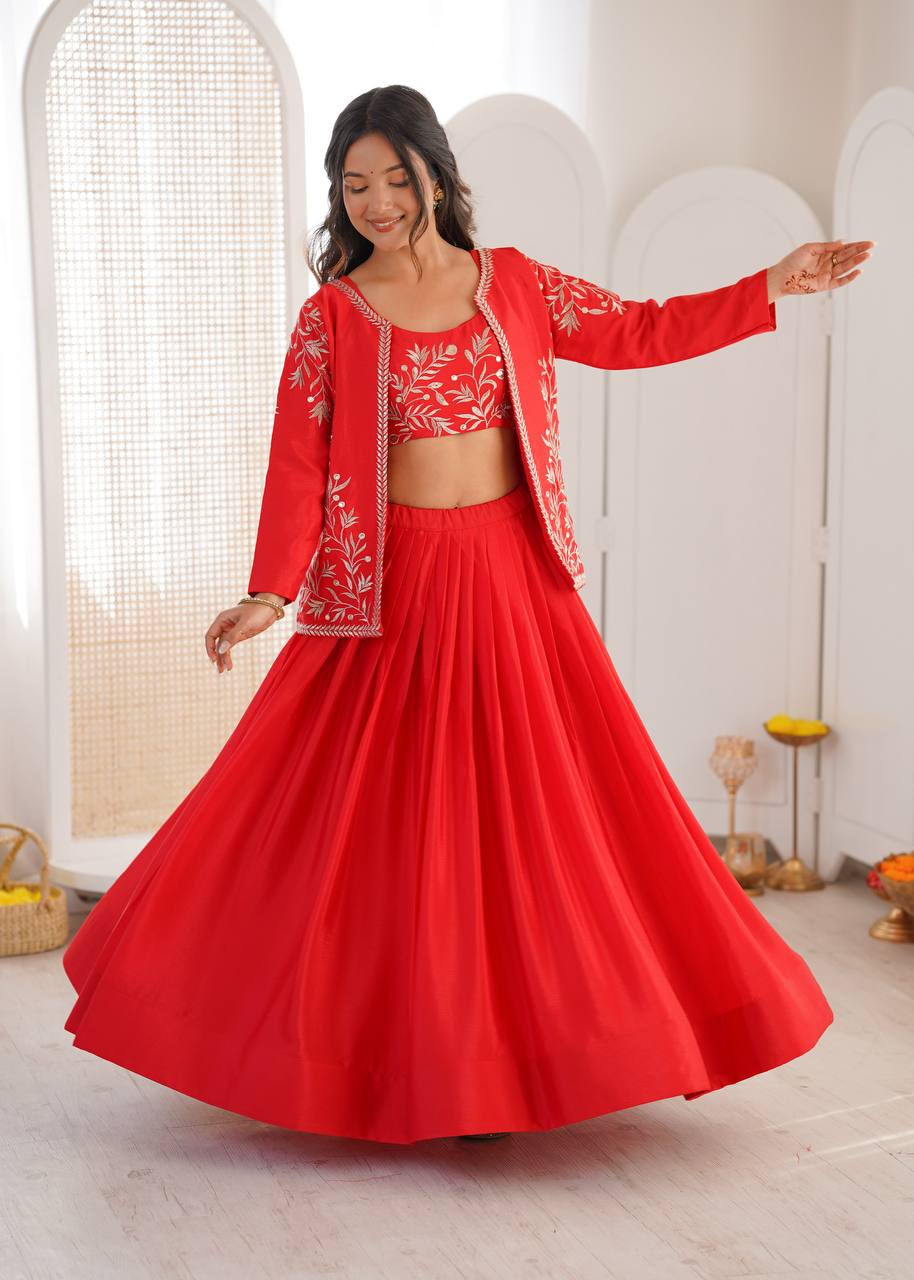 Red Embroidered Lehenga Set with Designer Jacket - Image 3